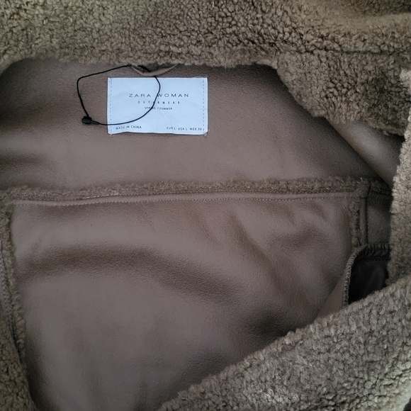 Zara Camel Teddy Moto Shearling Jacket Size L - Picture 11 of 16